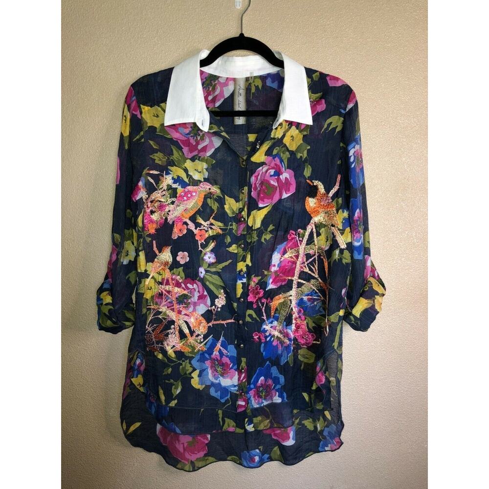 Aratta Silent Journey CottageCore Floral Hippie Embroidered Bird Button Shirt